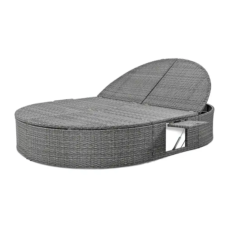Rattan Patio Daybed with Cushions, Reclining Chaise Lounge, Foldable Trays