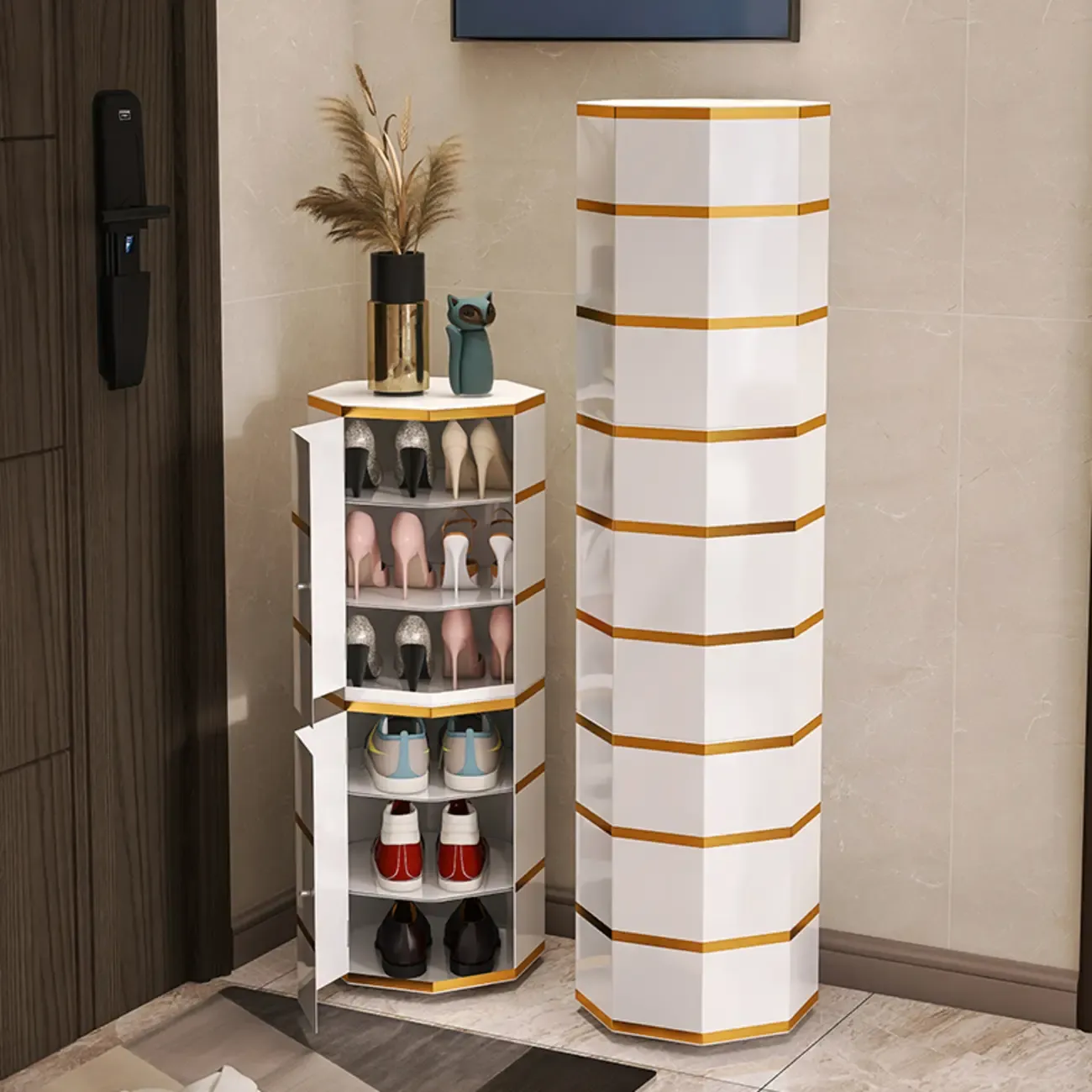 Rotating Glam White Metal Hexagon Entryway Shoe Cabinet