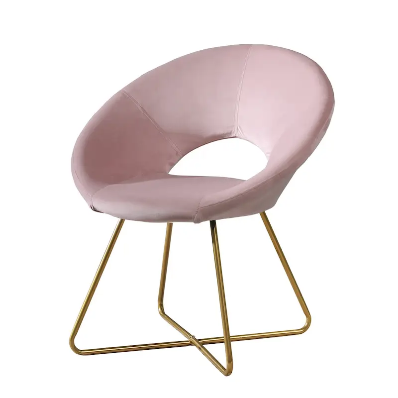 Pink Modern 28 Polyester Upholstered Accent Chair with Gold Tone Finished Base and Metal Sled Legs