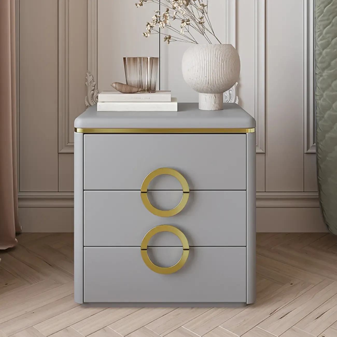 Elegant Faux Leather Metal Accent 3 Drawers Nightstand