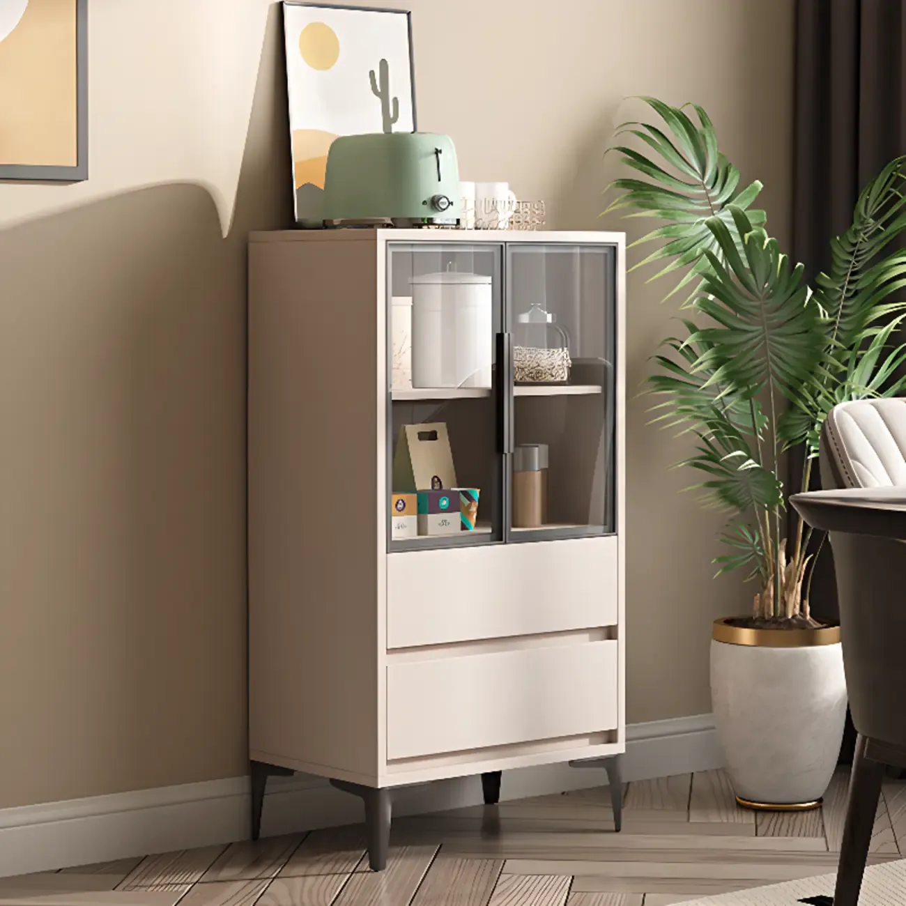 Khaki Wooden Adjustable Shelf Display Cabinet with Drawer