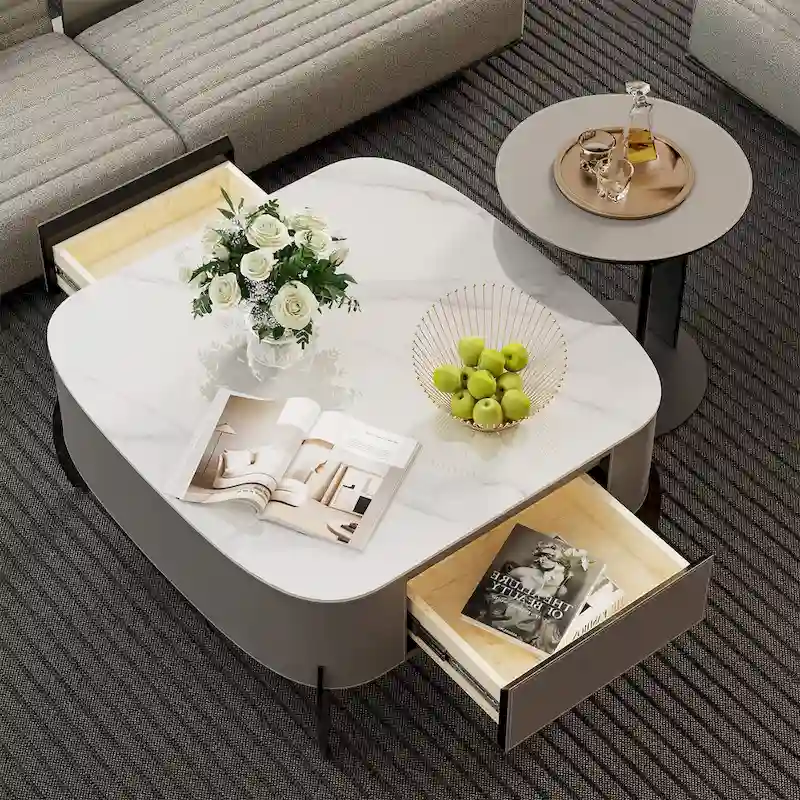 Modern Square Coffee Table with 2 Drawers,White End Table 31.5 Mecha Styling ( large/small tables Separate for sale)