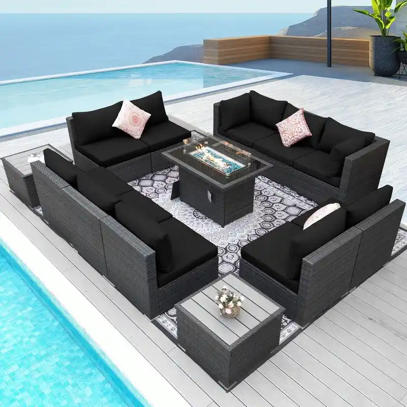 FINCATI Patio Outdoor Wicker Furniture Set Sectional Sofa with Firepit