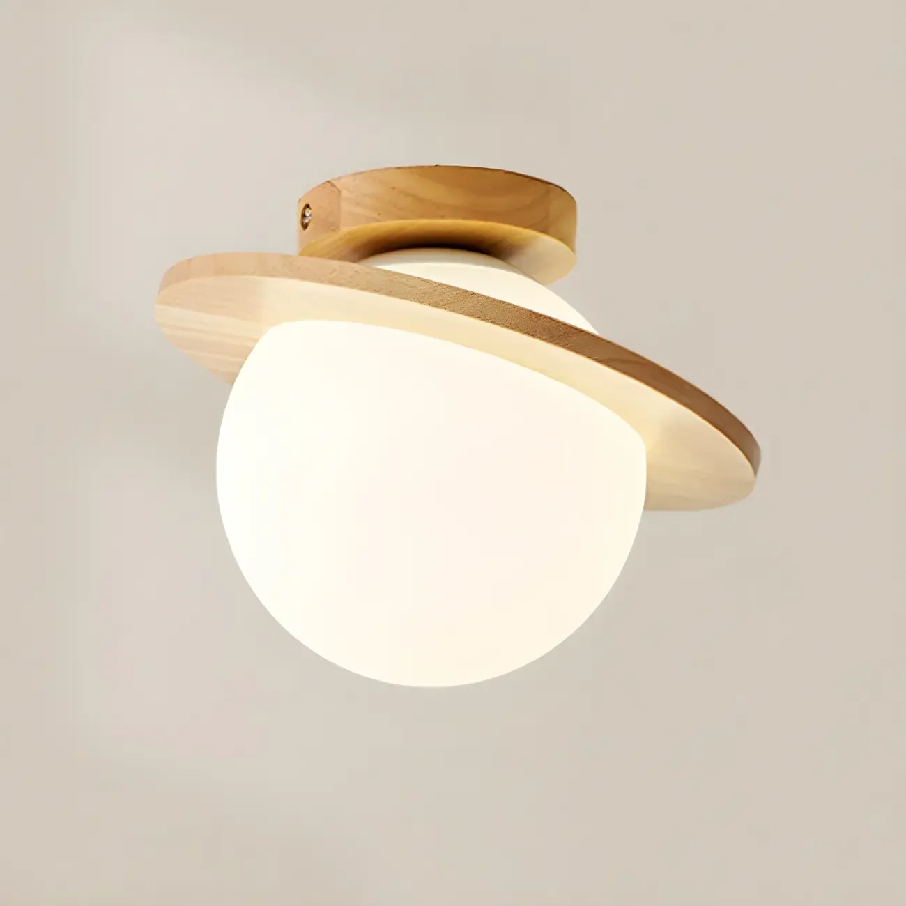 Circular Glass Ball Natural Wood Semi Flush Ceiling Light