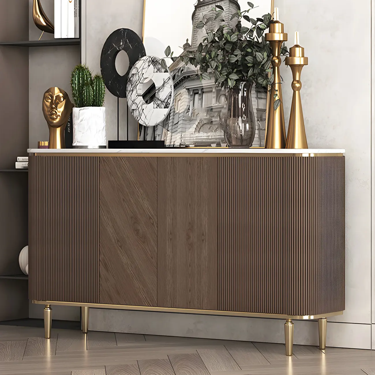 Glam Brown Wooden Sideboard with Marble Top