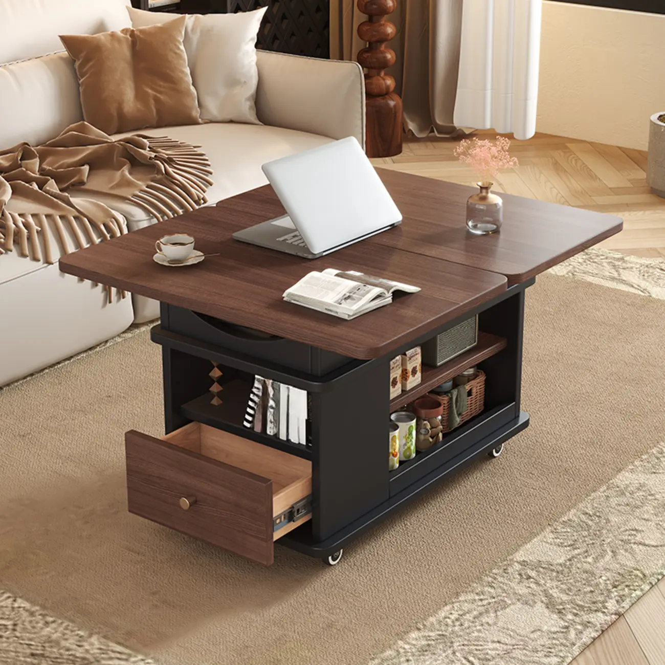 Rectangle Foldable Lift Top Wood Metal Side Table with Wheels