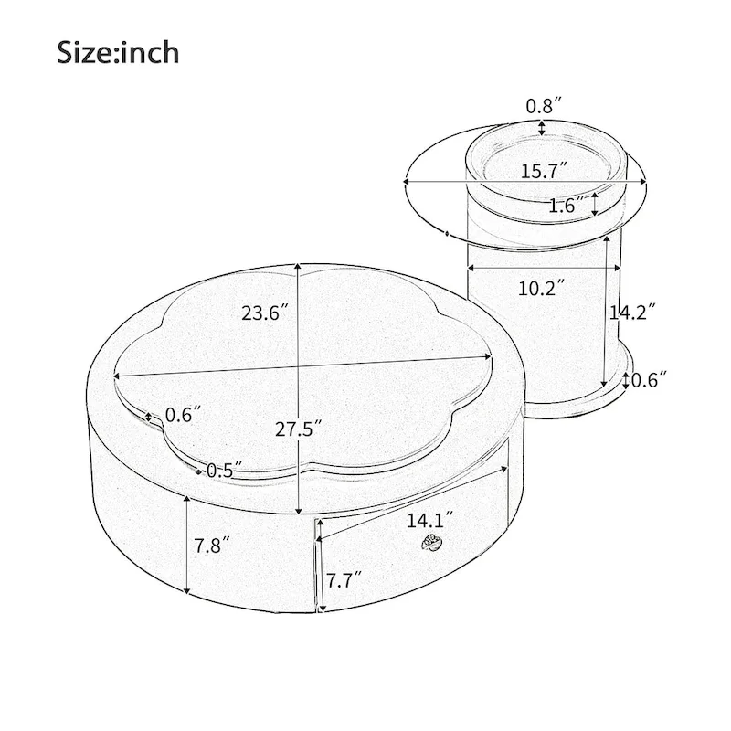 Modern Round Coffee Table Set of 2, 360-Degree Rotatable Flower-shaped Top with 2 Drawers, Top Circle Side Table with Glass