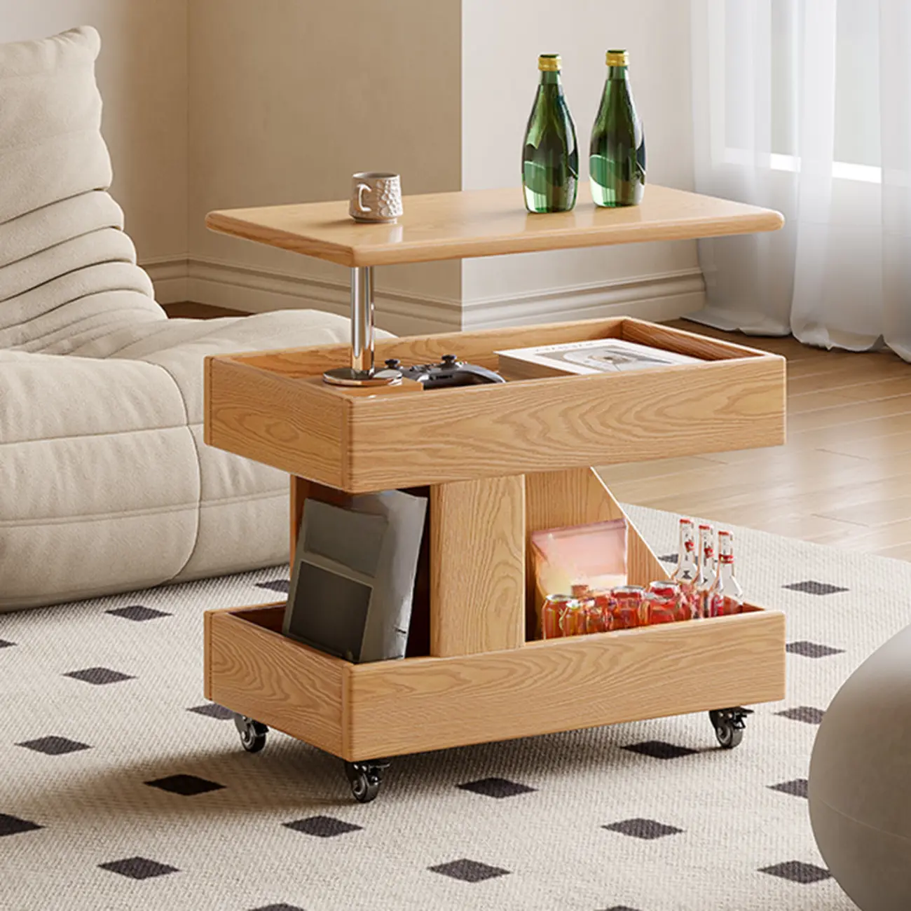 Adjustable 3-Tier Natural Wood Mobile Sofa Side Table