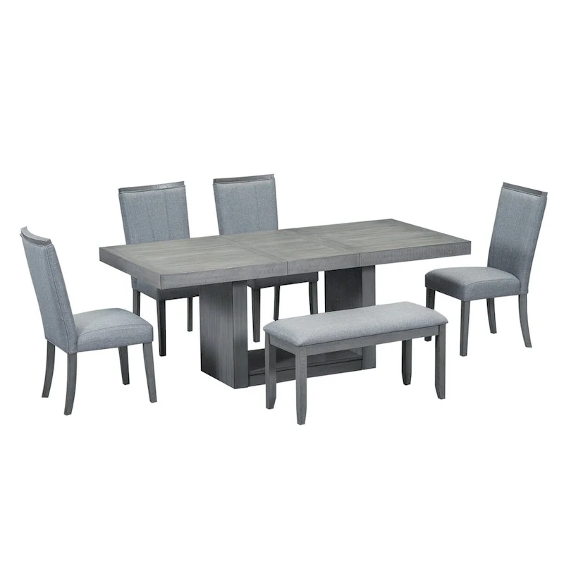6-Piece 78inch Extendable Pedestal Dining Table Set with 18inch Removable Leaf and Dining Bench, 4 Upholstered Dining Chairs