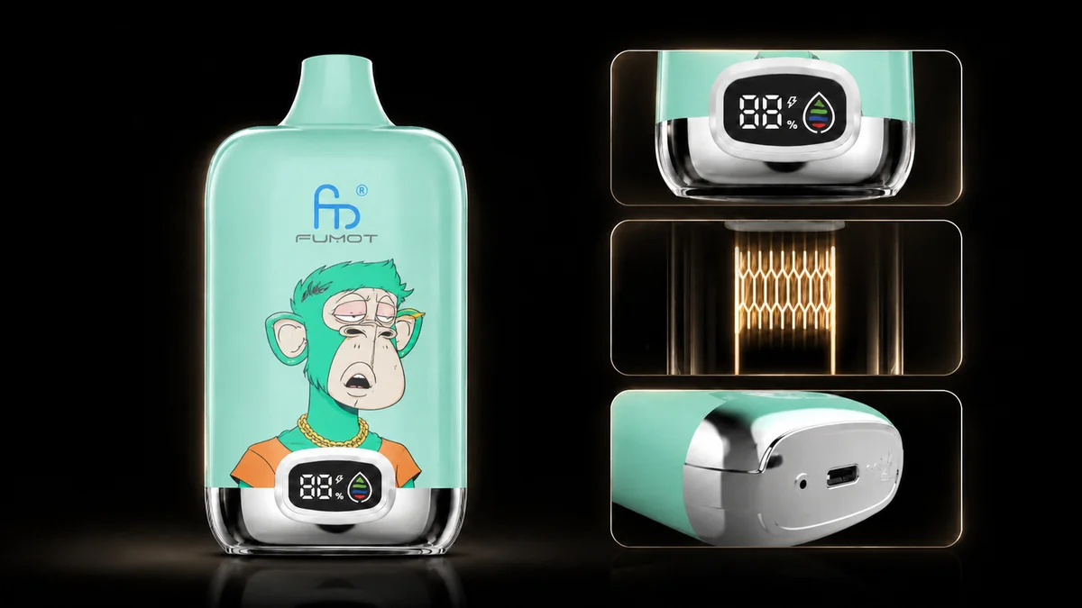 Fumot Digital Box 12000 Watermelon Ice Vape Funktionsdetails mit Display, Mesh Coil und Ladeanschluss