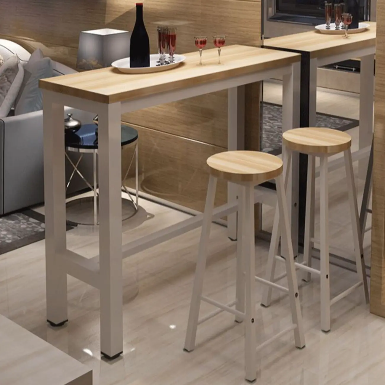 Modern Bar Table with Wood Top and Metal Legs