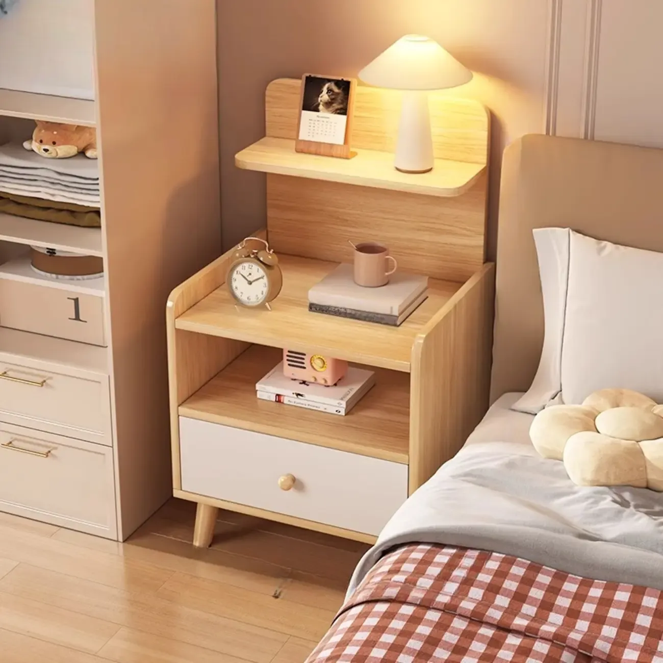 Wooden Modern Open Storage Nightstand with Drawers