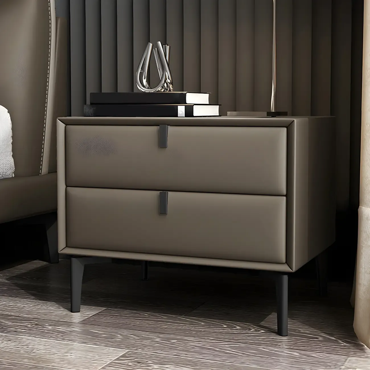 Modern Black Leather Bedside Table with Drawers