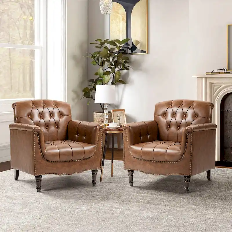 Tufted Vegan Leather Accent Chairs Set of 2, Armchair with Nailhead Trim