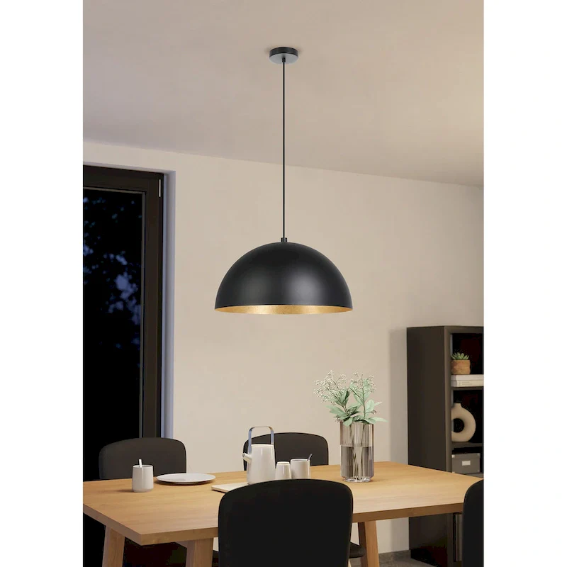 Rafaelino - 1-Light Pendant Structured Black Finish with Black and Gold Leaf Shade - 15.00 L X 15.00 W X 7.50 H
