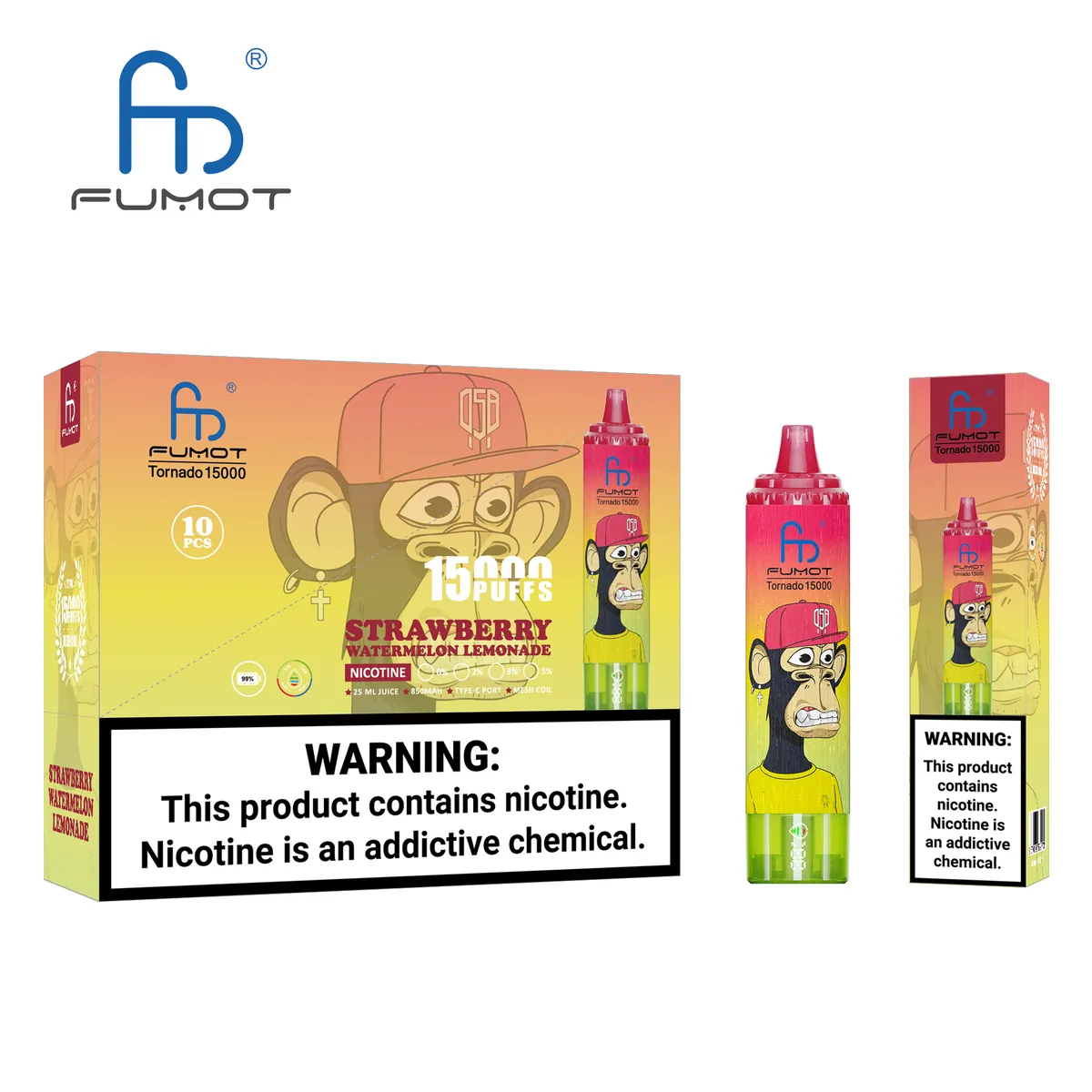 Fumot Tornado 15000 Strawberry Watermelon Lemonade – 10er-Displaybox mit Einweg-Vape und Einzelpackung