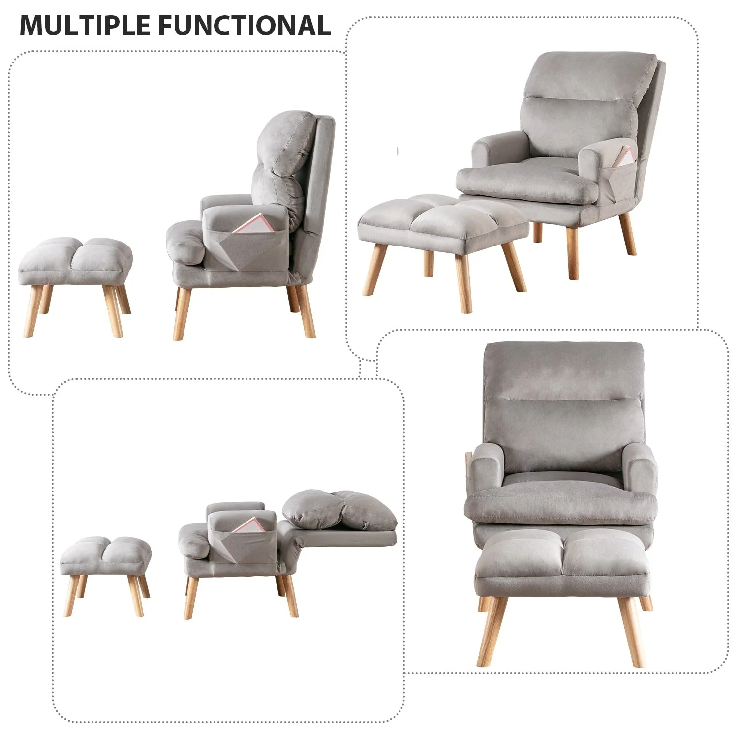 Soft Fabric Casual Living Room Armchair With Adjustable Backrest And Legs Stool