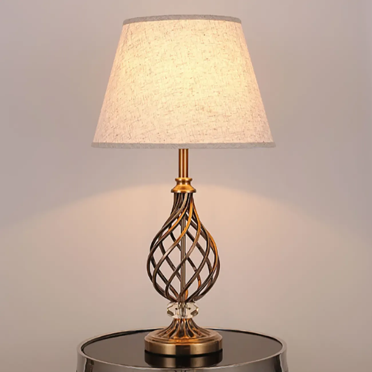 Geometric Fabric LED Bedside Table Lamp Antique Brass Base