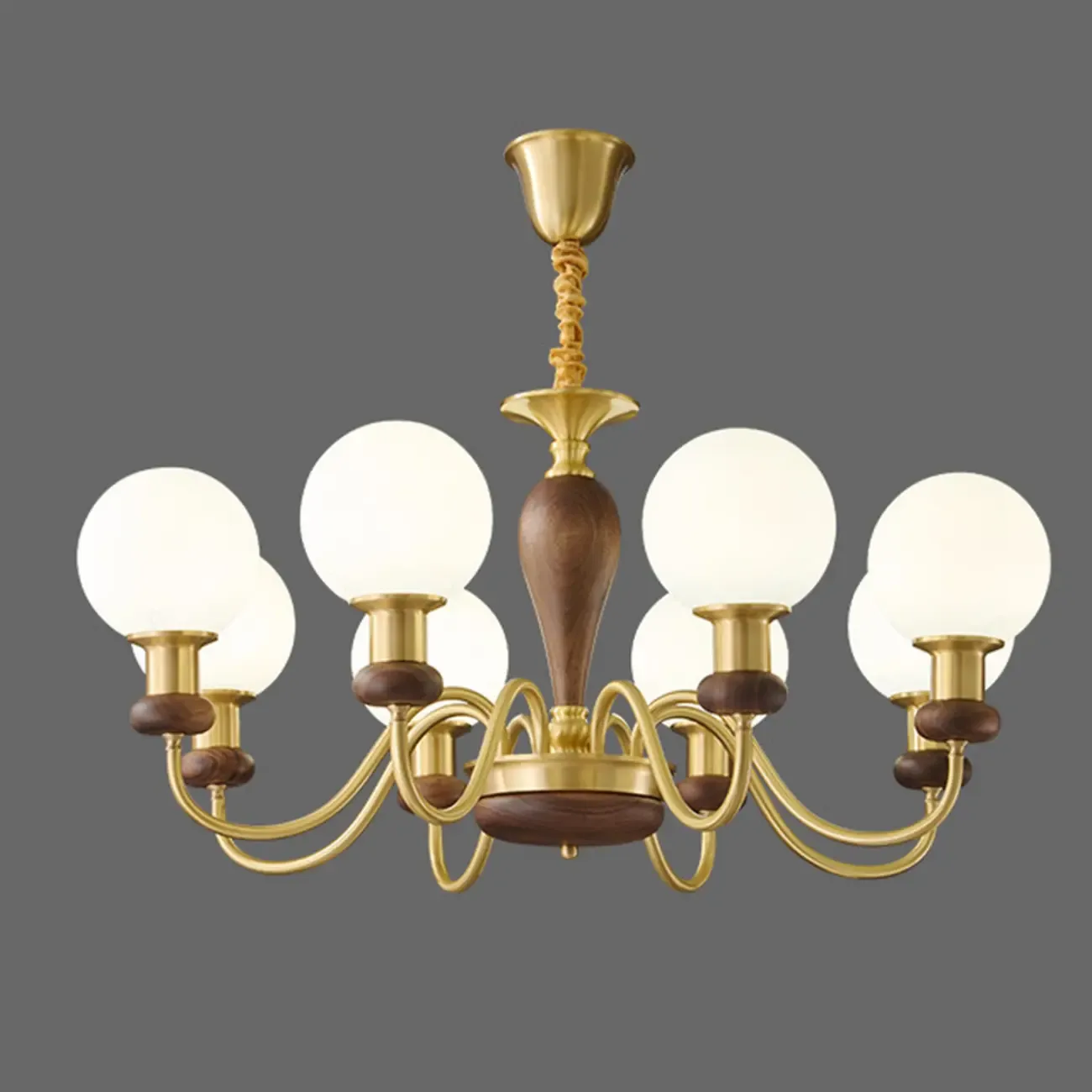Mid-Century Brass Wood Chandelier with Globe Glass Shade