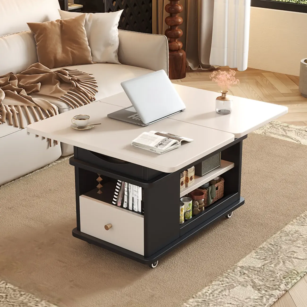 Rectangle Foldable Lift Top Wood Metal Side Table with Wheels