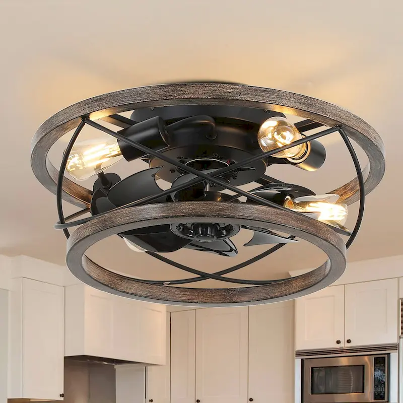 CurveCurio 18  Drum Farmhouse Wood Ceiling Fan, Wood Fan Light with Metal Accents, 4 Light 3 Fan Speed w Remote Control