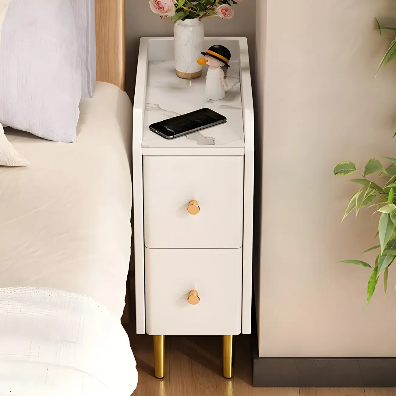 Narrow Faux Leather Drawer Nightstand with Stone Countertop