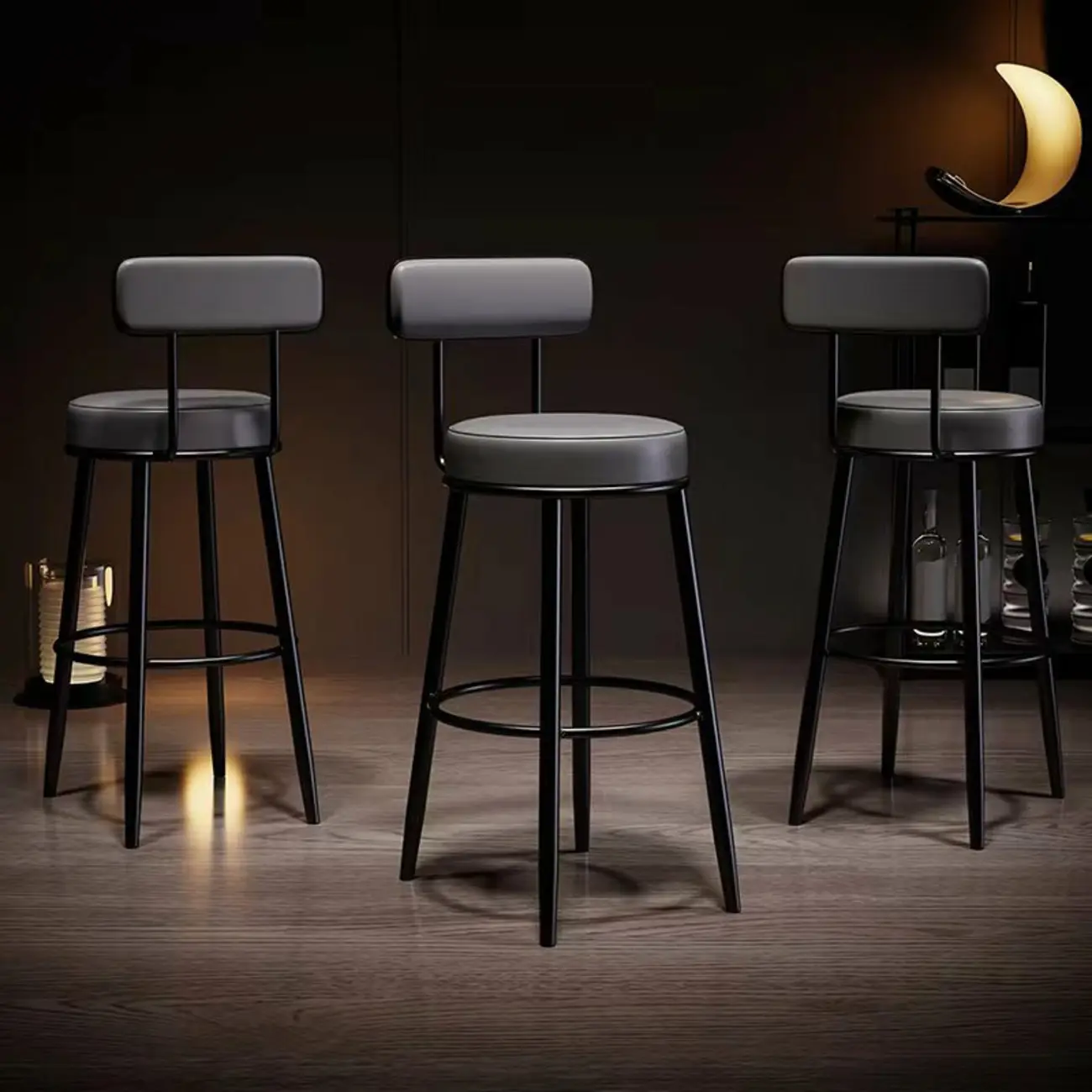 Modern Round Iron Open-Back Upholstered Bar Stool