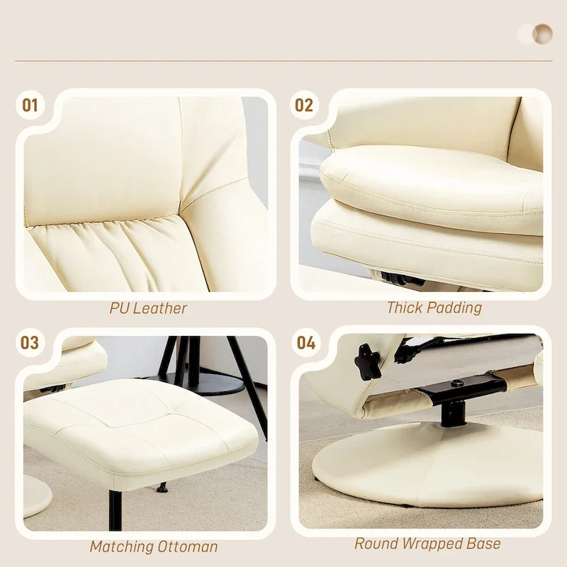 HOMCOM Swivel Recliner with Ottoman, PU Leather and Footrest with Wrapped Base, Cream White