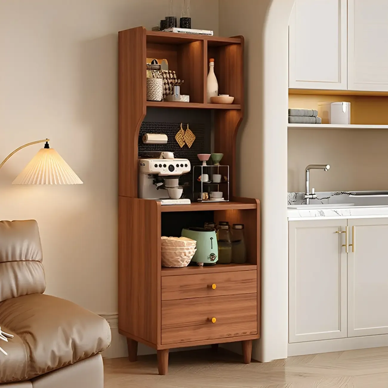 Modern Narrow Wood Kitchen Sideboard Open Storage