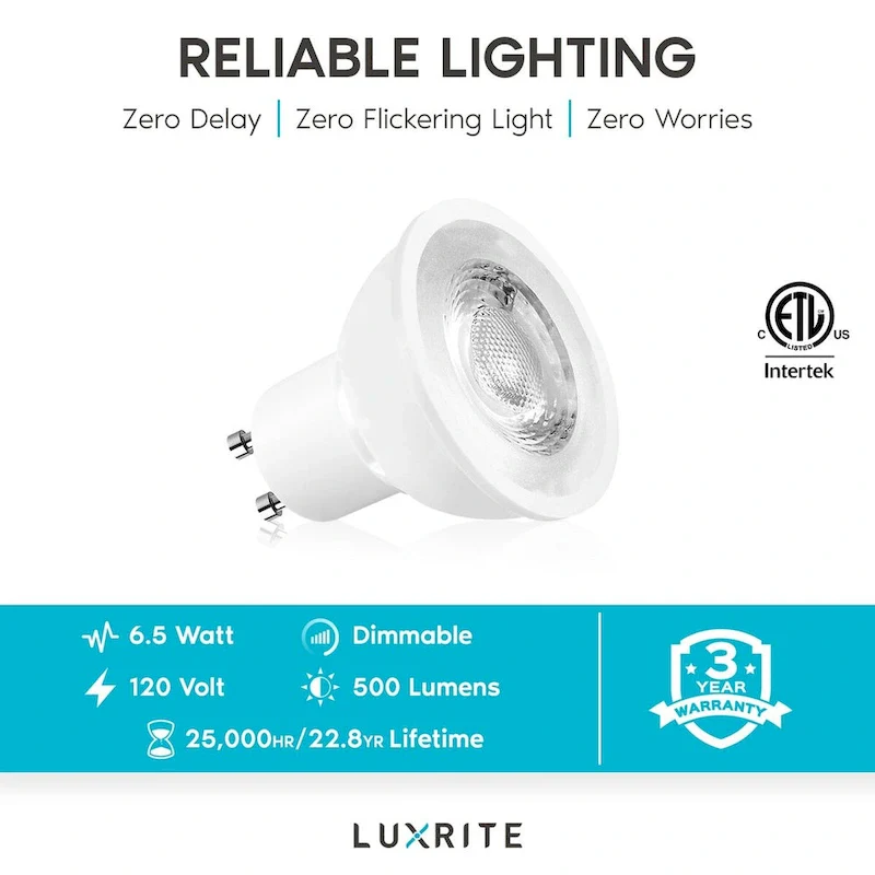 Luxrite MR16 GU10 LED Bulbs Dimmable, 50W Halogen Equivalent, 500 Lumens, 120V, Enclosed Fixture Rated (24 Pack)