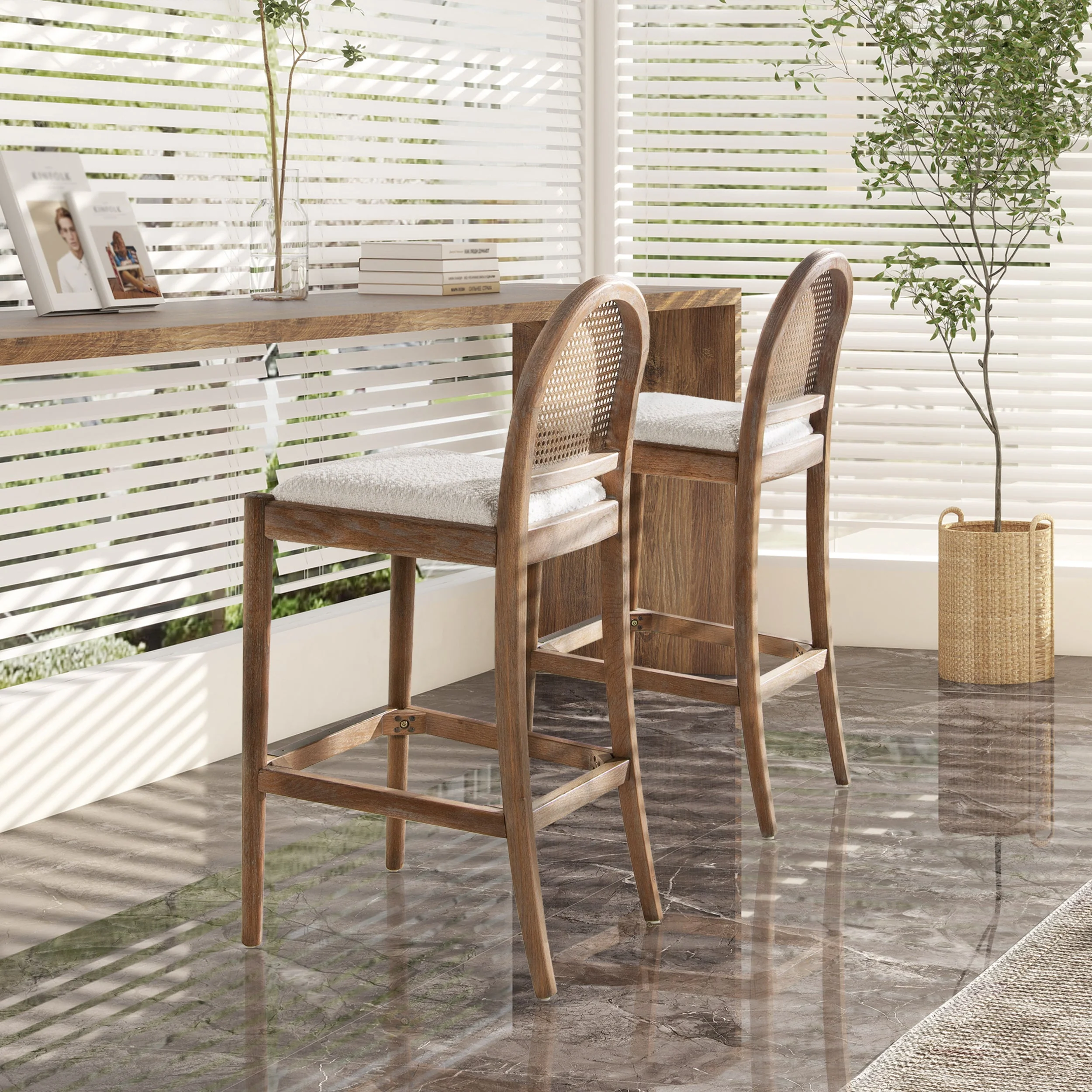 Panama Boucle 30.5' Curved Back Cane Rattan Bar Stool, Set of 2