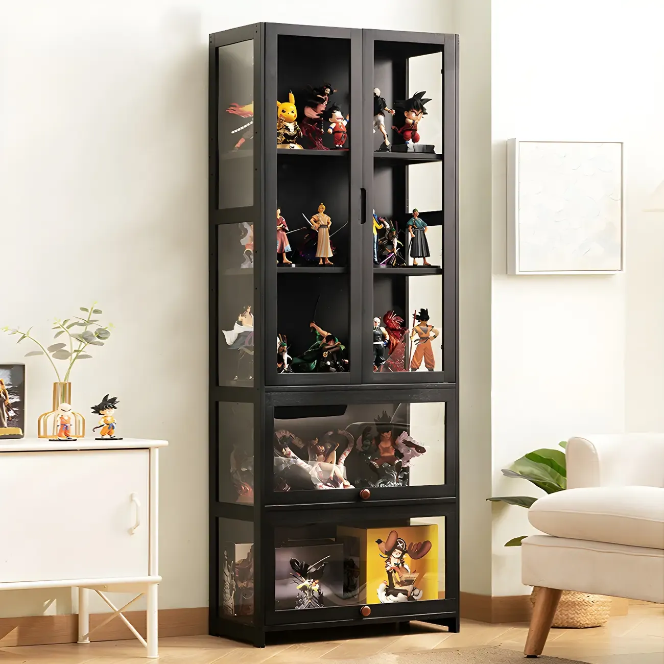 Modern Black Bamboo Adjustable Shelves Glass Display Cabinet