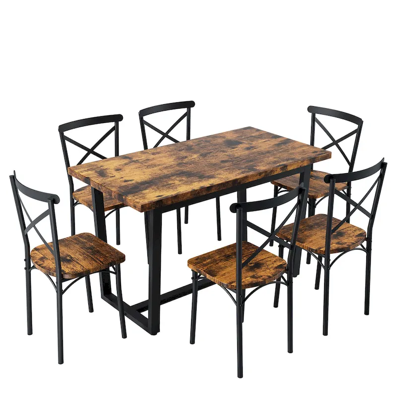 Modern Style 7-Piece Dining Set with Rectangular Table and 6 Cross Back Dining Chairs