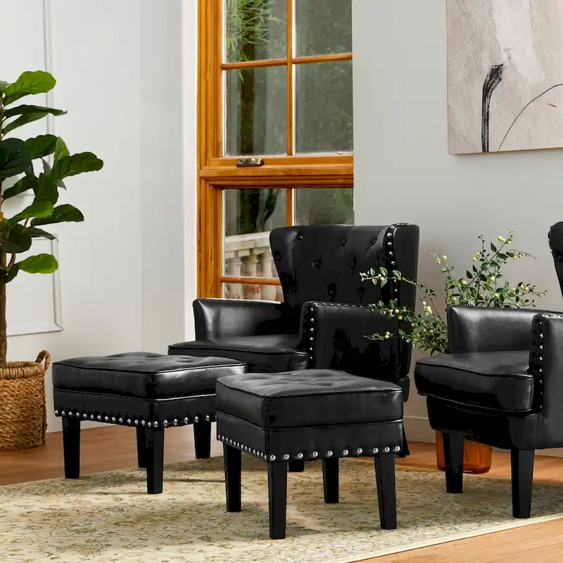 Glitzhome Set of 2 22W Leatherette Button-tufted Foot Stools Ottomans