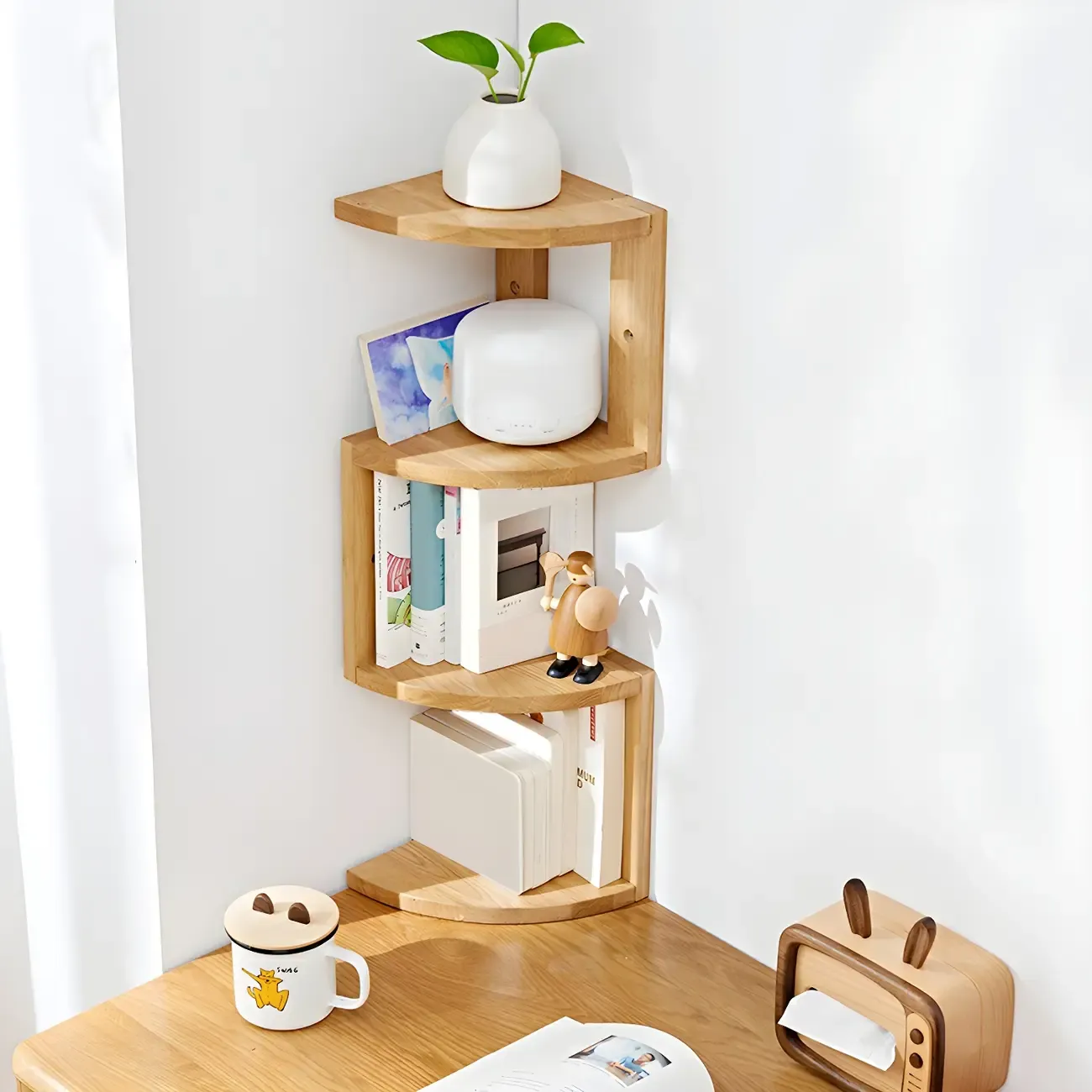 Floating Oak Corner Bookshelves Narrow 4 Shelf