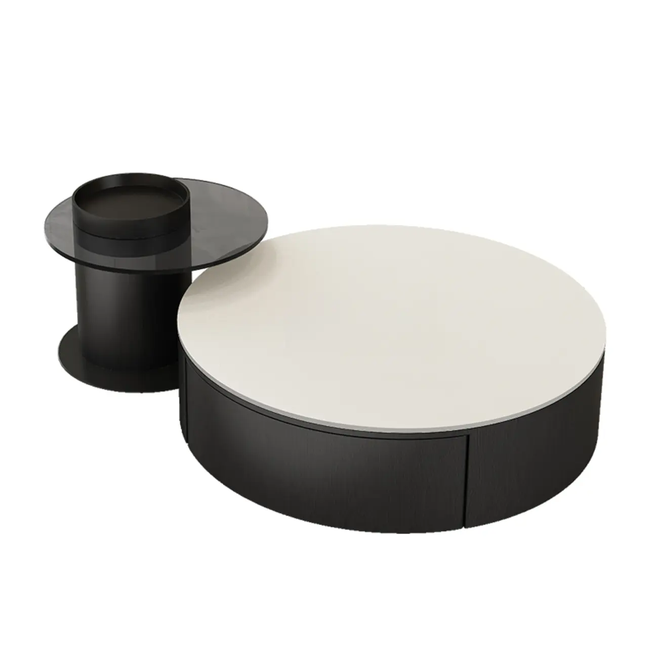 Black Modern Sleek Nesting Round Wood Drawer Coffee Table