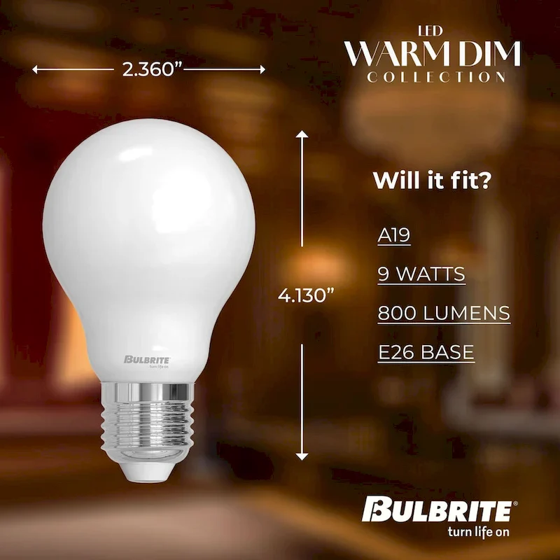 Bulbrite 9 Watt LED A19 Light Bulbs, Warm Dimming 3000K (Soft White) - 1800K (Candlelight), 800 Lumens, (2 Pack) - 2 Pack