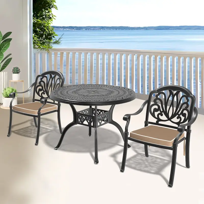 3/5-Piece Cast Aluminum Outdoor Dining Set with 39.37 in. Round Table and Random Color Seat Cushions