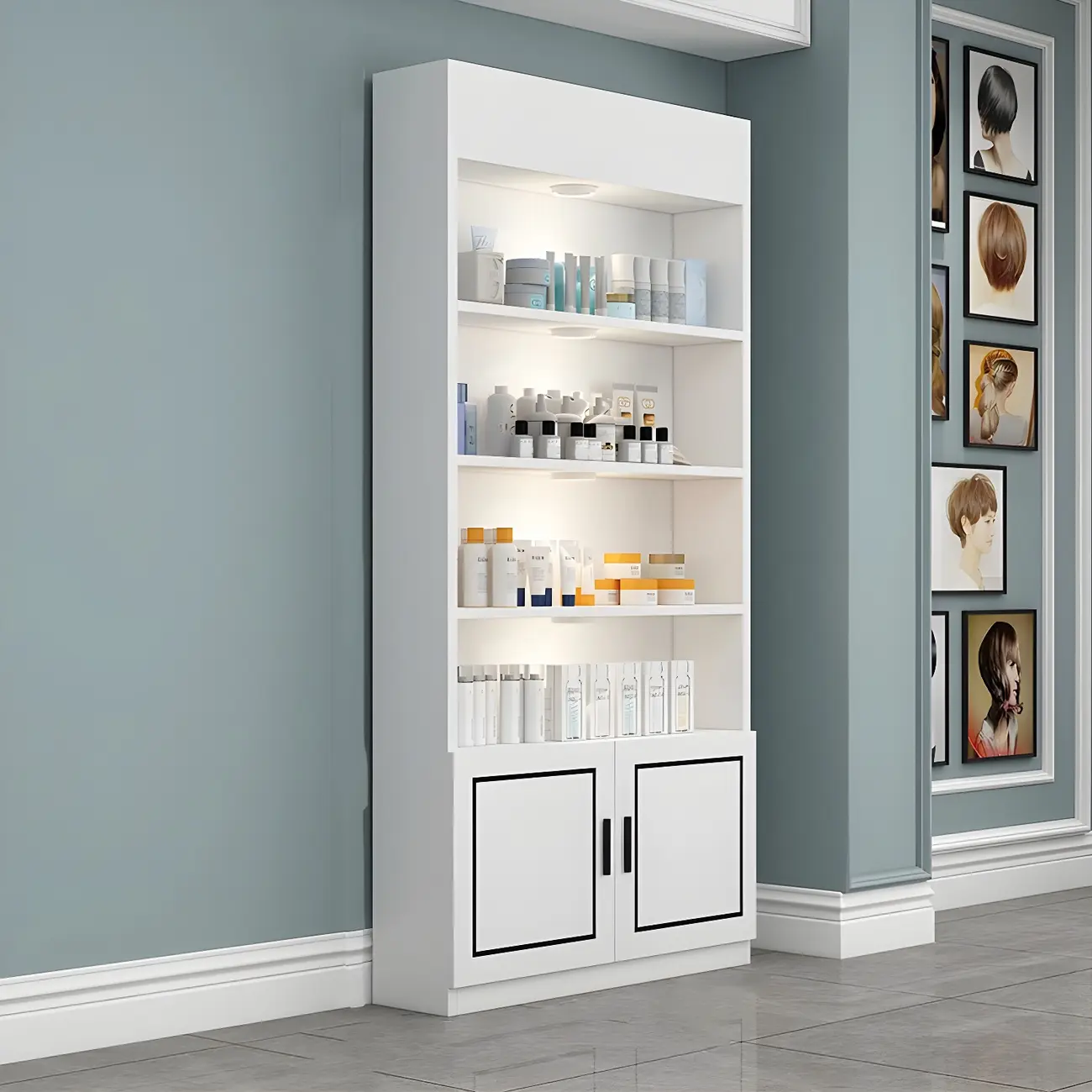 White Rectangle Large Wood Open Display Cabinet