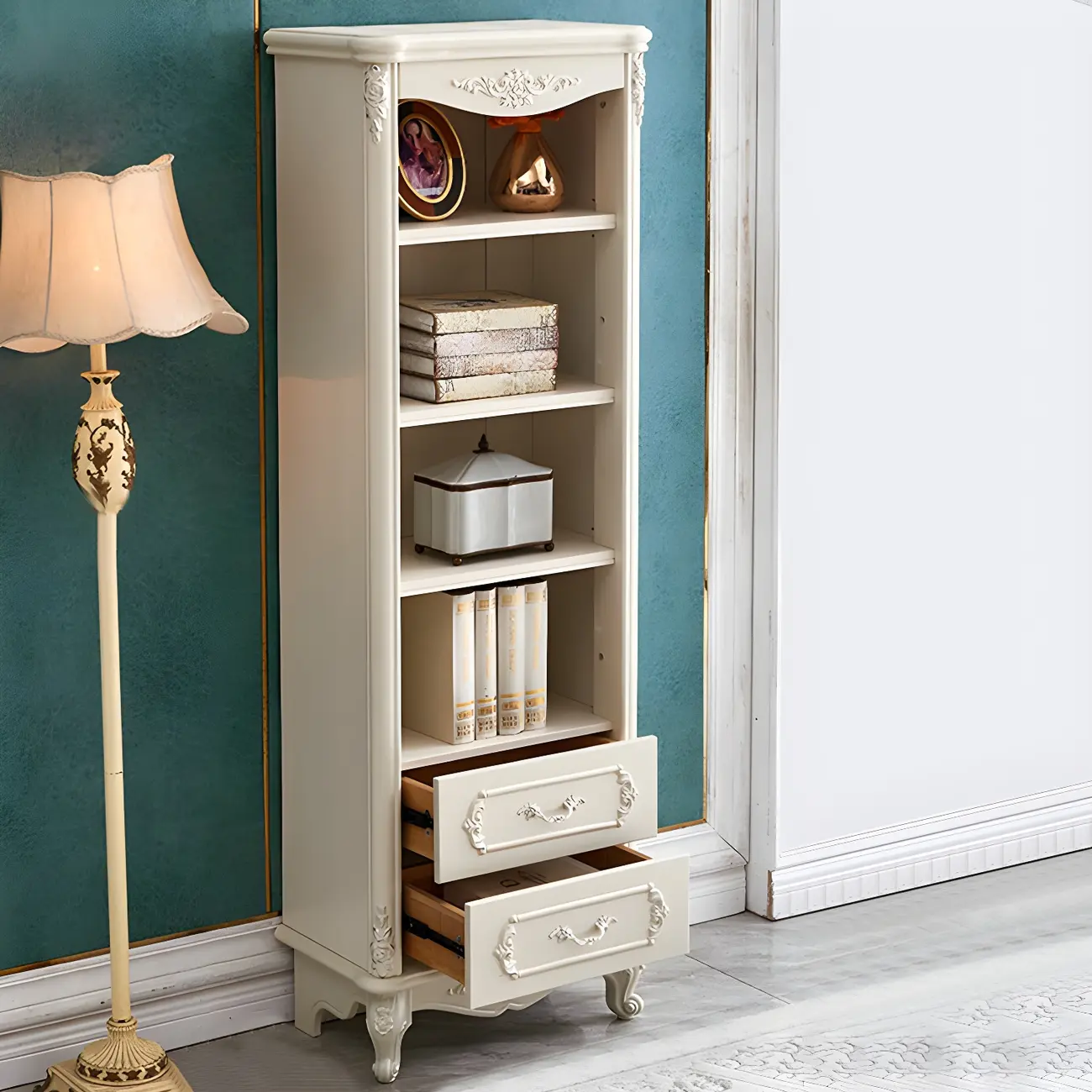 French Country White Wood 2-Drawer Bookcase with Doors