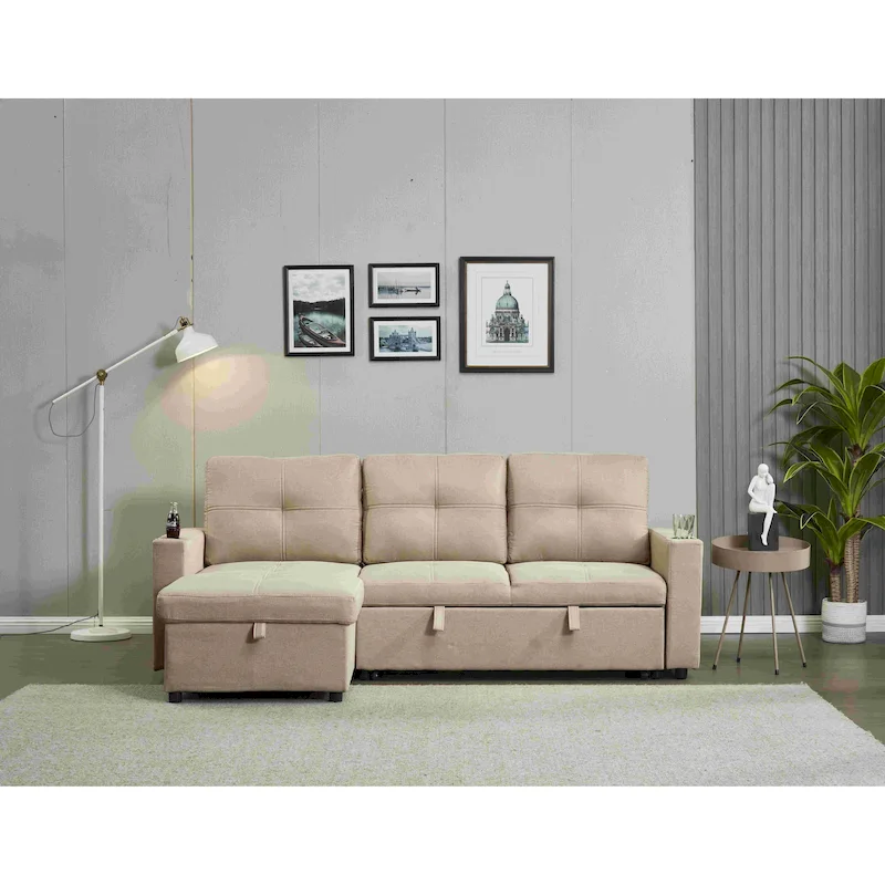 Linen Sectional Sofa Reversible Chaise with Pull out Sleeper