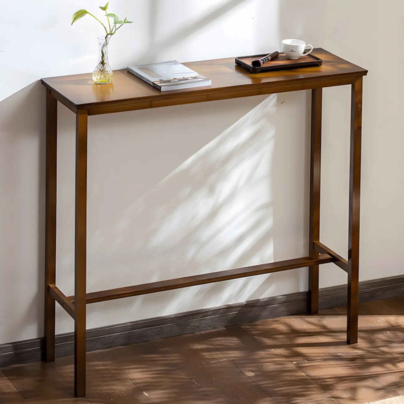 Modern Natural Finish Wooden Fixed Top Footrest Bar Tables