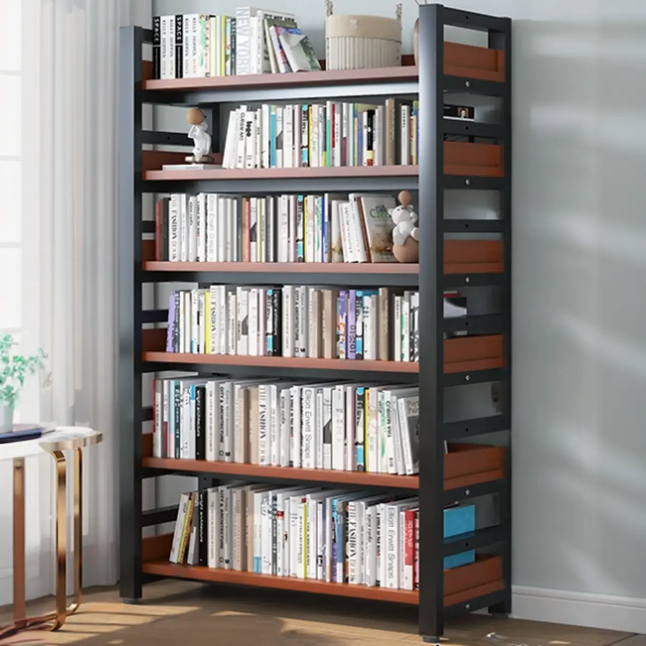 Freestanding Simple Multi-Layer Wood Bookshelf in Steel Frame