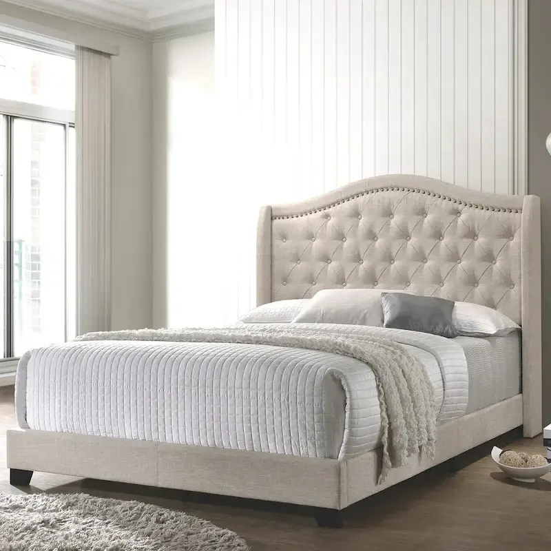 Modern Elegant Demi-Wing Design Button Tufted Beige Upholstered Bed