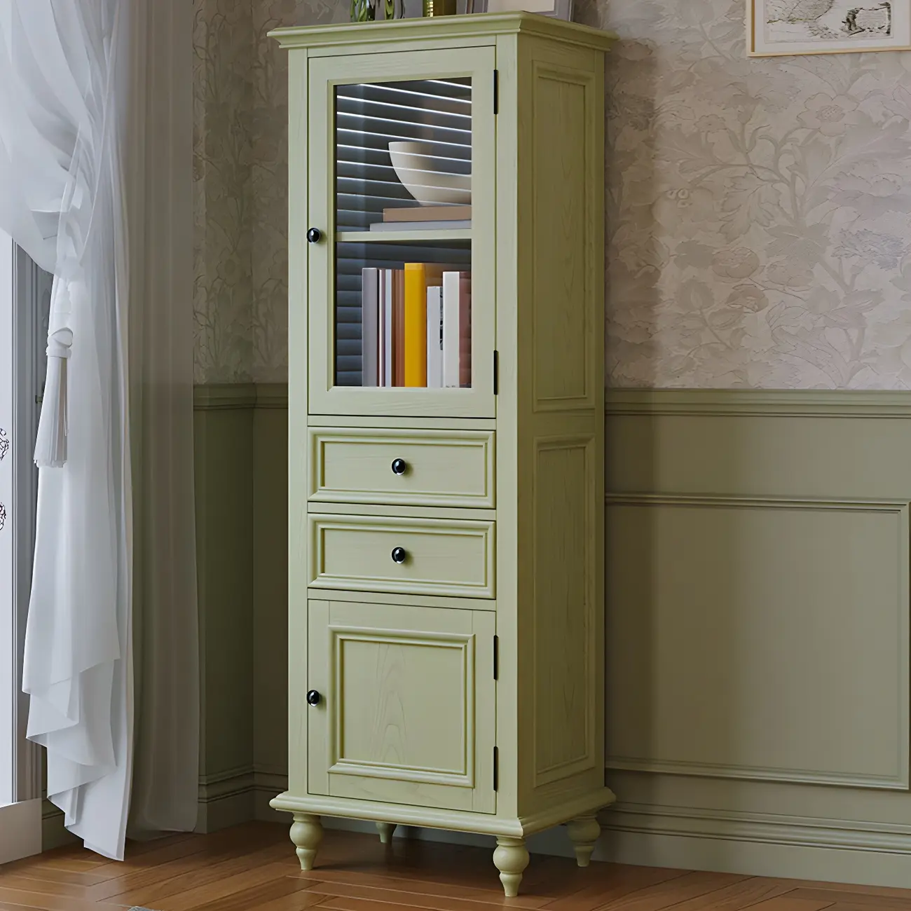 Vintage Green Wooden Tall Display Cabinet with Drawers
