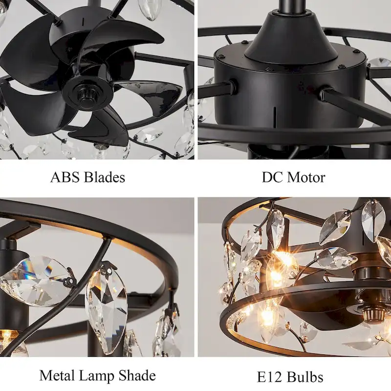 Cusp Barn 18in. Modern Crystal Caged Ceiling Fan With Light, Industrial Metal Shade Reversible 6-Speed Ceiling Fan With Remote