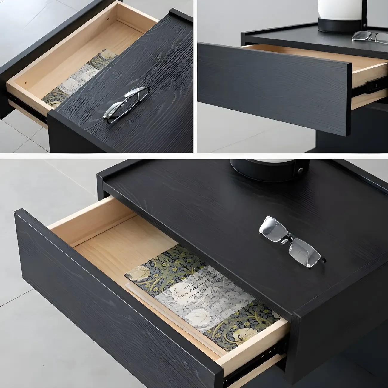 Black Steel Wood C-Shaped Drawer Nightstand with Light