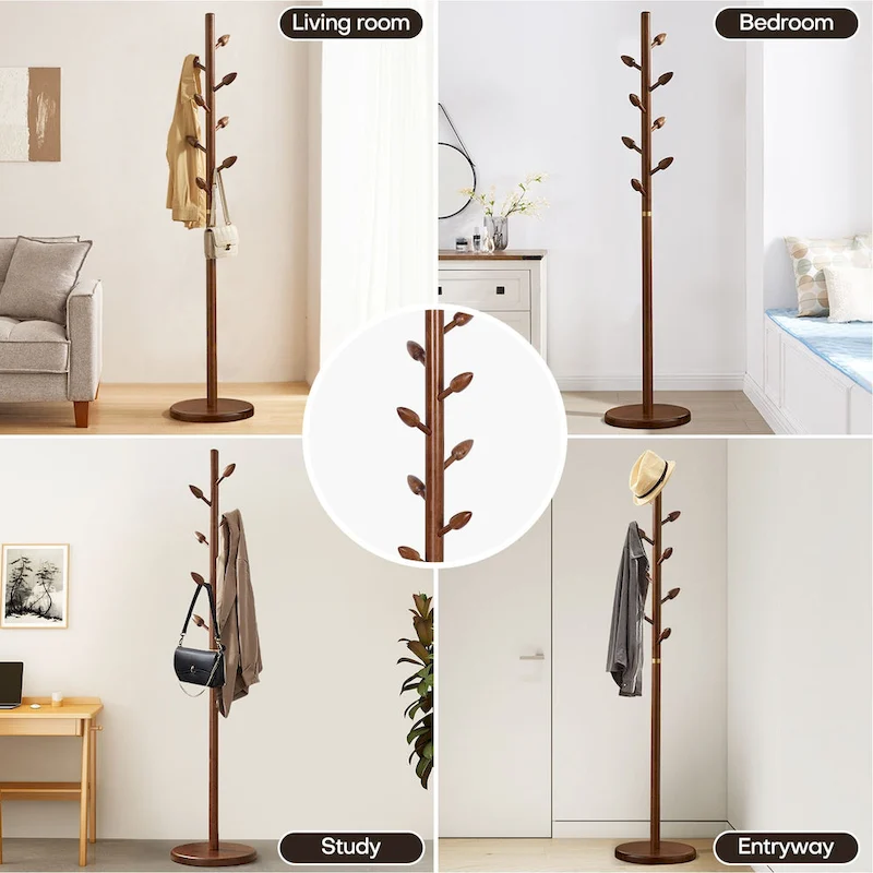 Rubberwood Freestanding Coat Rack, Coat Tree with 8 Bud-shaped Hooks - 15.75Dia. x 72.44H