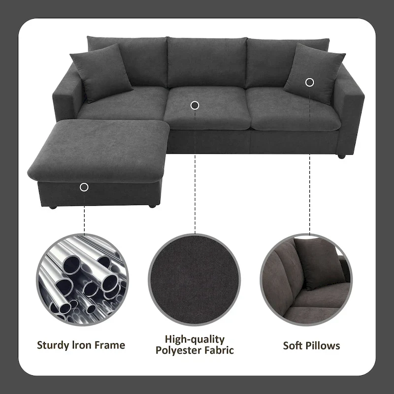 Modern 4-Seat L-Shaped Sectional Sofa, with 2 Free pillows, Convertible Ottoman
