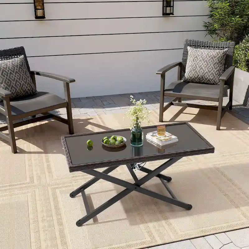 Outdoor Coffee Table Side Table Fits with Conversation Set, PE Rattan & Glass Tabletop, Adjustable Height